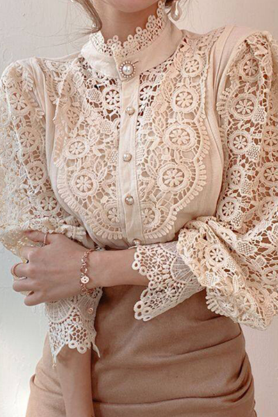 Blusa elegante de cuello mandarín con hebilla ahuecada y encaje de patchwork (3 colores)