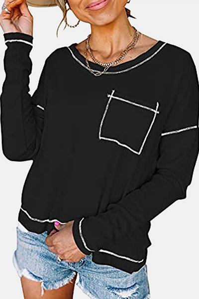 Tops casuales de cuello redondo con bolsillos y patchwork (7 colores)