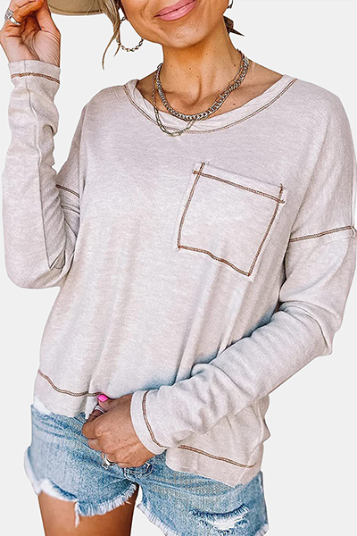 Tops casuales de cuello redondo con bolsillos y patchwork (7 colores)