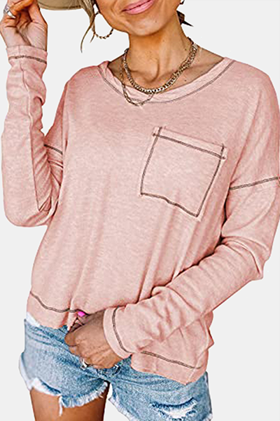 Tops casuales de cuello redondo con bolsillos y patchwork (7 colores)