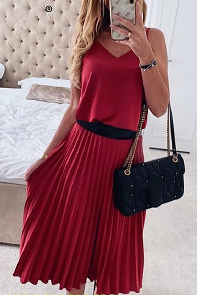 Elegante vestido plisado con escote en V y abertura en la parte superior (sin cinturón) (3 colores)