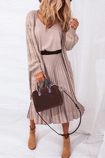 Elegante vestido plisado con escote en V y abertura en la parte superior (sin cinturón) (3 colores)
