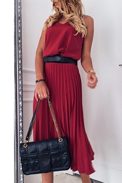 Elegante vestido plisado con escote en V y abertura en la parte superior (sin cinturón) (3 colores)