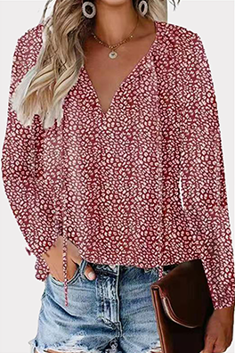 Elegante blusa con cuello en V y frenillo de patchwork con estampado