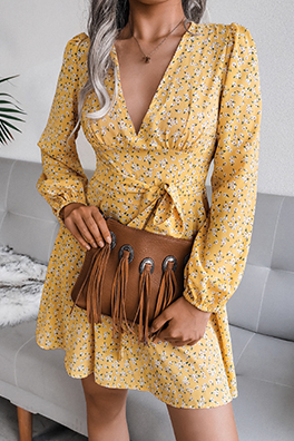 Casual Floral Patchwork Frenulum V Neck A Line Dresses(3 Colors)£©