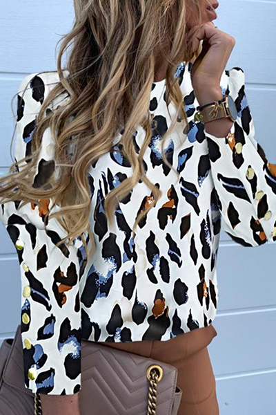 Blusas elegantes con cuello redondo, hebilla y estampado de patchwork (4 colores)