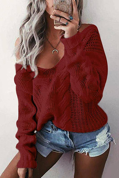 Casual Solid Hollowed Out Patchwork V Neck Tops