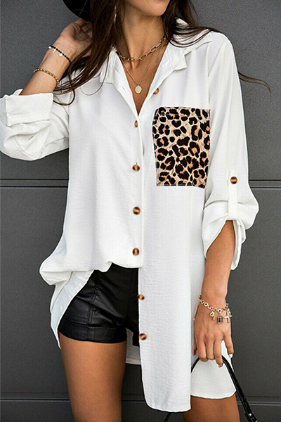 Blusa informal con cuello vuelto y hebilla de patchwork de leopardo (3 colores)