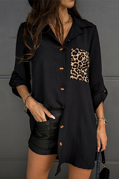 Blusa informal con cuello vuelto y hebilla de patchwork de leopardo (3 colores)