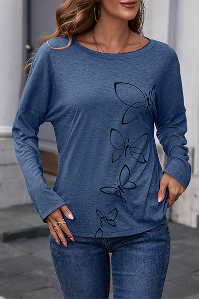 Tops básicos informales con cuello redondo y estampado de mariposas y patchwork