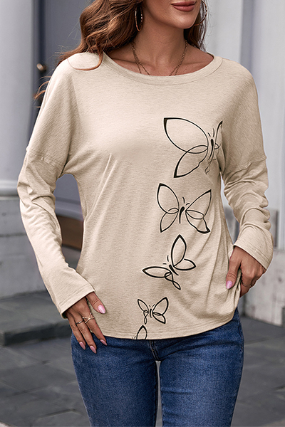 Tops básicos informales con cuello redondo y estampado de mariposas y patchwork