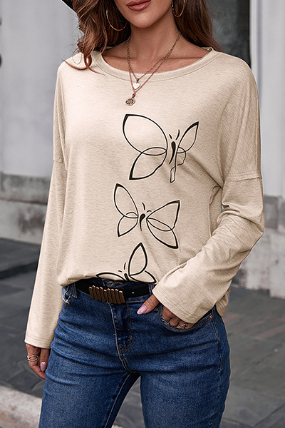 Tops básicos informales con cuello redondo y estampado de mariposas y patchwork