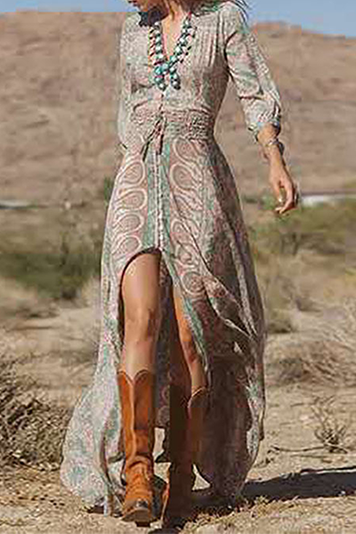 Vestidos con cuello en V y abertura con hebilla de frenillo con estampado bohemio