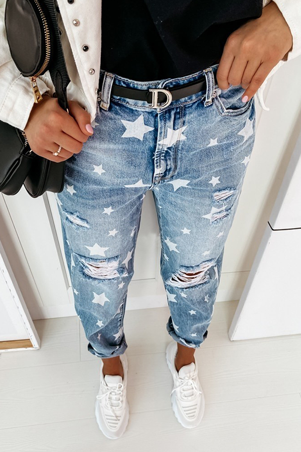 Pantalones casuales con estampado completo de estrellas, rotos y con borlas