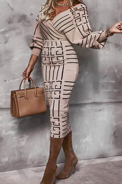 Elegante vestido de falda lápiz con cuello en V y estampado de patchwork (3 colores)