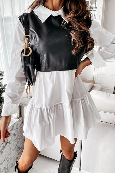 Elegante vestido de línea A con cuello vuelto, volantes y patchwork en contraste (3 colores)