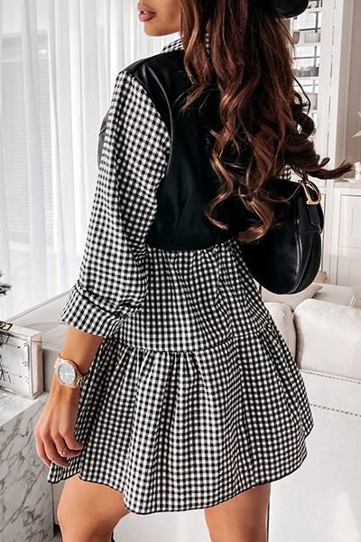 Elegante vestido de línea A con cuello vuelto, volantes y patchwork en contraste (3 colores)