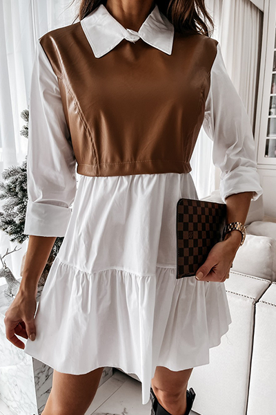 Elegante vestido de línea A con cuello vuelto, volantes y patchwork en contraste (3 colores)