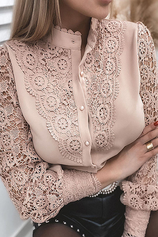 Elegante blusa de cuello mandarín con hebilla ahuecada y encaje sólido (4 colores)
