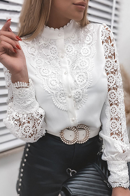 Elegante blusa de cuello mandarín con hebilla ahuecada y encaje sólido (4 colores)