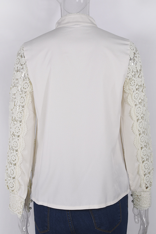 Elegant Solid Lace Hollowed Out Buckle Mandarin Collar Blouses(4 Colors)