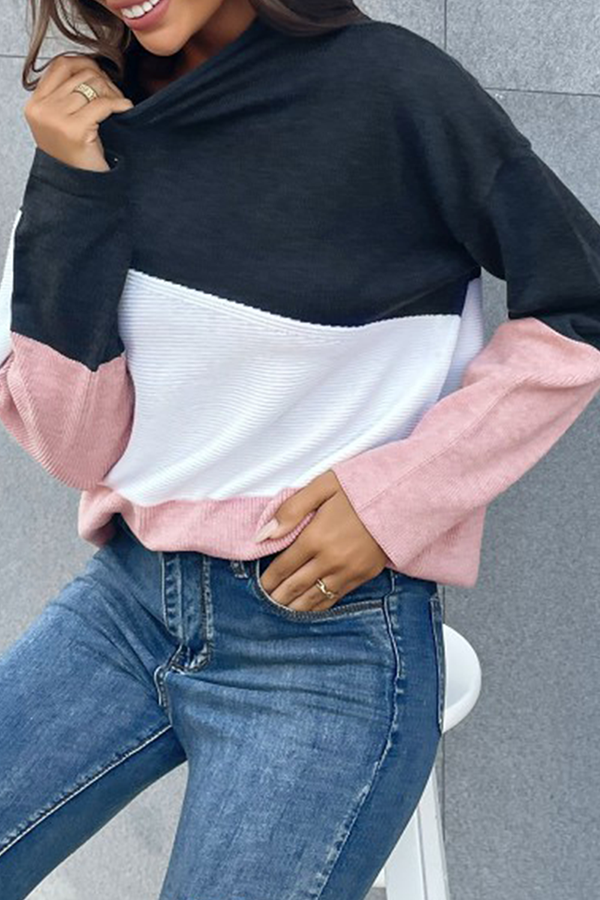 Tops casuales de cuello alto con contraste de costuras divididas y colores abultados
