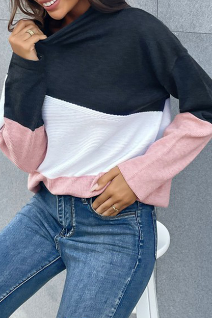 Tops casuales de cuello alto con contraste de costuras divididas y colores abultados