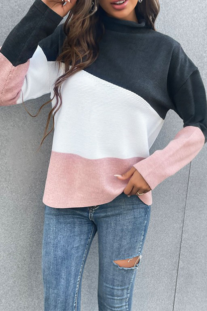 Tops casuales de cuello alto con contraste de costuras divididas y colores abultados