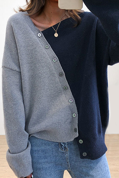 Suéter informal con cuello oblicuo en contraste y hebilla de patchwork