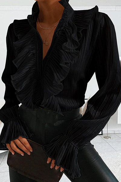 Blusa elegante con cuello mandarín, volantes y hebilla sólida (4 colores)