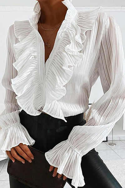 Blusa elegante con cuello mandarín, volantes y hebilla sólida (4 colores)