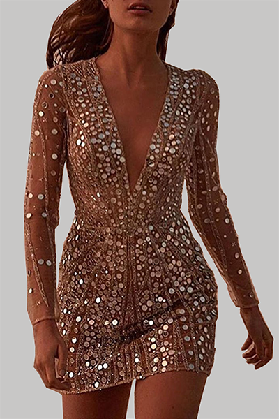Vestidos elegantes de moda con lentejuelas y retazos de malla transparente con cuello en V y falda lápiz