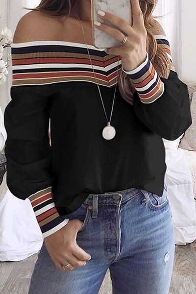 Tops casuales de patchwork a rayas con hombros descubiertos