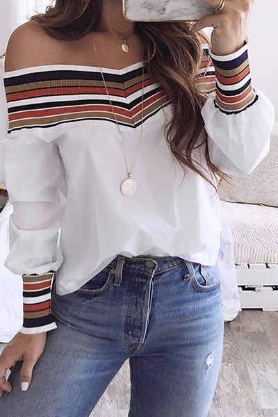 Tops casuales de patchwork a rayas con hombros descubiertos