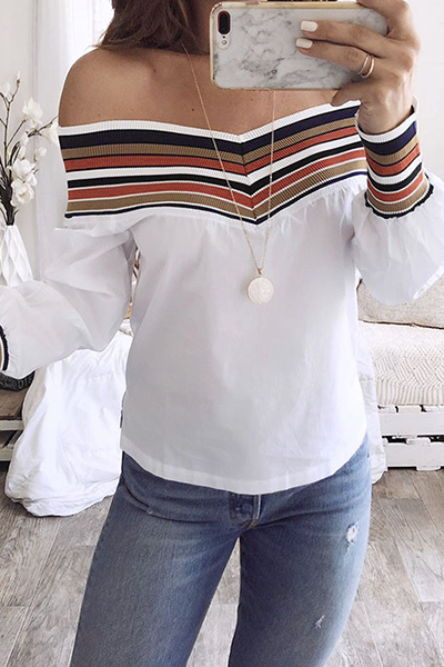 Tops casuales de patchwork a rayas con hombros descubiertos