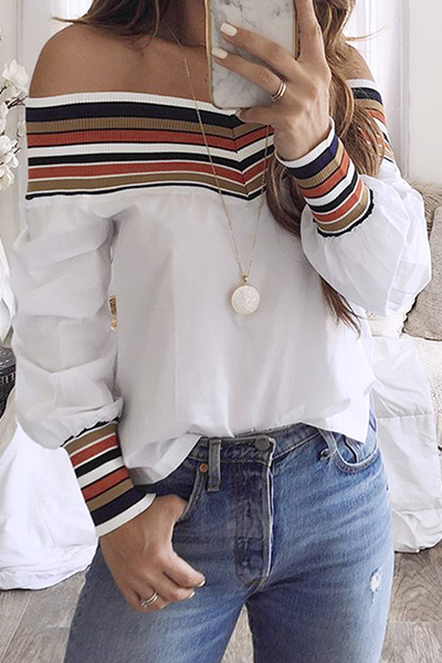 Tops casuales de patchwork a rayas con hombros descubiertos