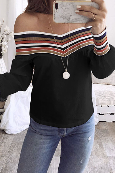 Tops casuales de patchwork a rayas con hombros descubiertos