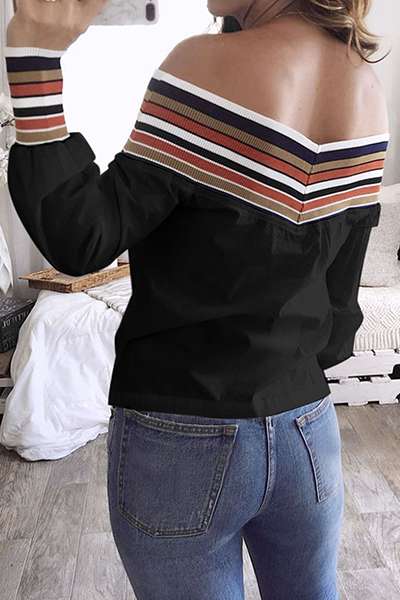 Tops casuales de patchwork a rayas con hombros descubiertos