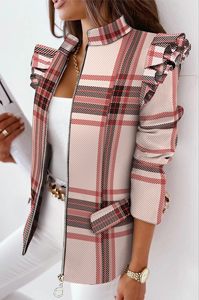 Print Flounce Zipper Mandarin Collar Outerwear(5 Colors)