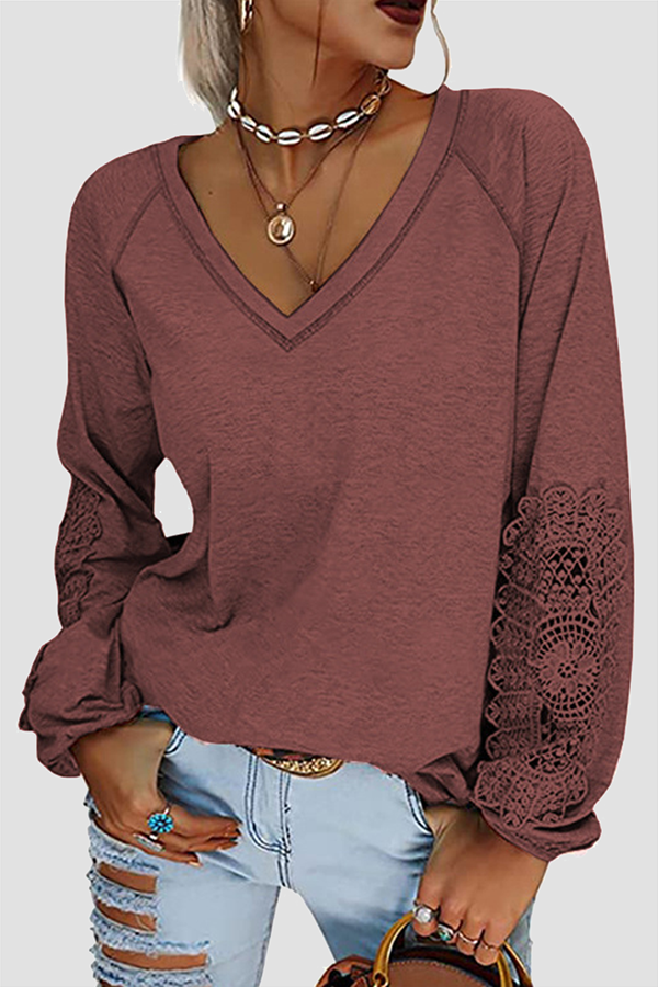 Casual Solid Lace Patchwork V Neck T-Shirts(6 Colors)