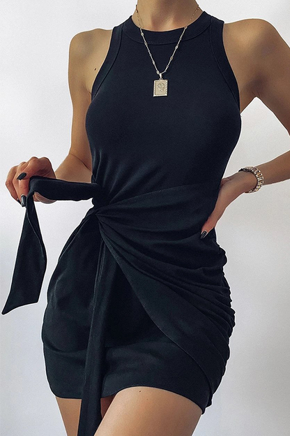 Vestidos de falda tubo con cuello redondo y diseño de tirantes plegables lisos de calle (7 colores)