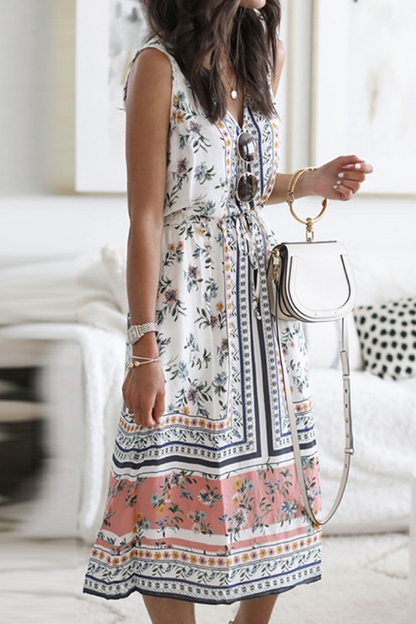 Vestidos casuales florales con frenillo dividido y escote en V en forma de A