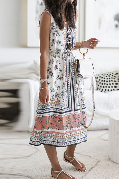 Vestidos casuales florales con frenillo dividido y escote en V en forma de A