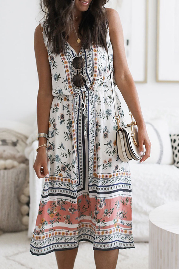 Vestidos casuales florales con frenillo dividido y escote en V en forma de A