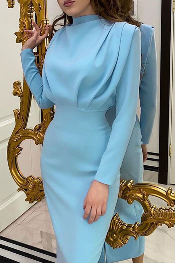Elegante vestido de falda con cuello mandarín y pliegues lisos (5 colores)
