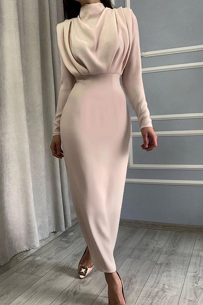Elegante vestido de falda con cuello mandarín y pliegues lisos (5 colores)