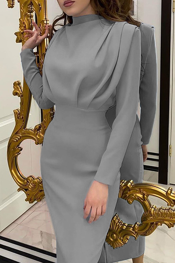 Elegante vestido de falda con cuello mandarín y pliegues lisos (5 colores)