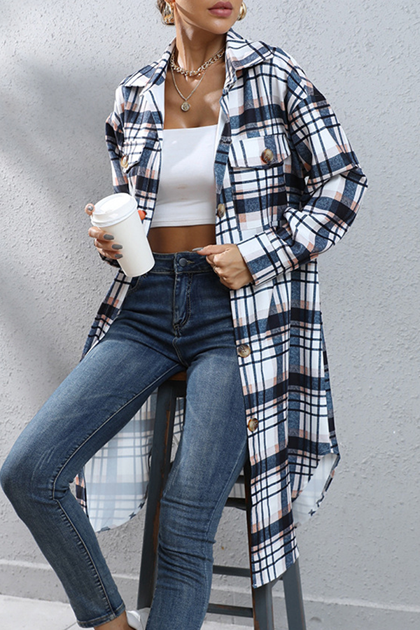 Prendas de abrigo informales de calle con cuello vuelto, hebilla y bolsillo a cuadros
