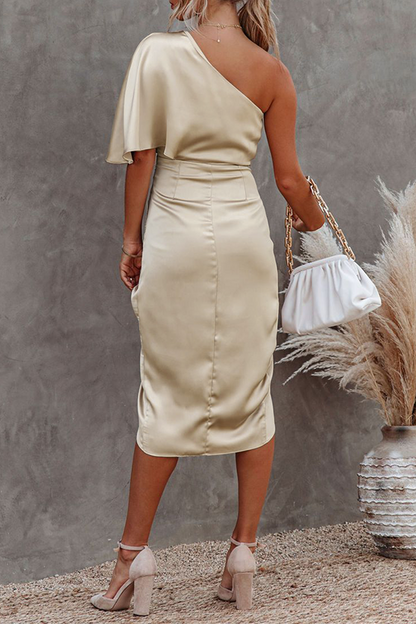 Elegante vestido de noche con cuello oblicuo y pliegues de patchwork liso (5 colores)