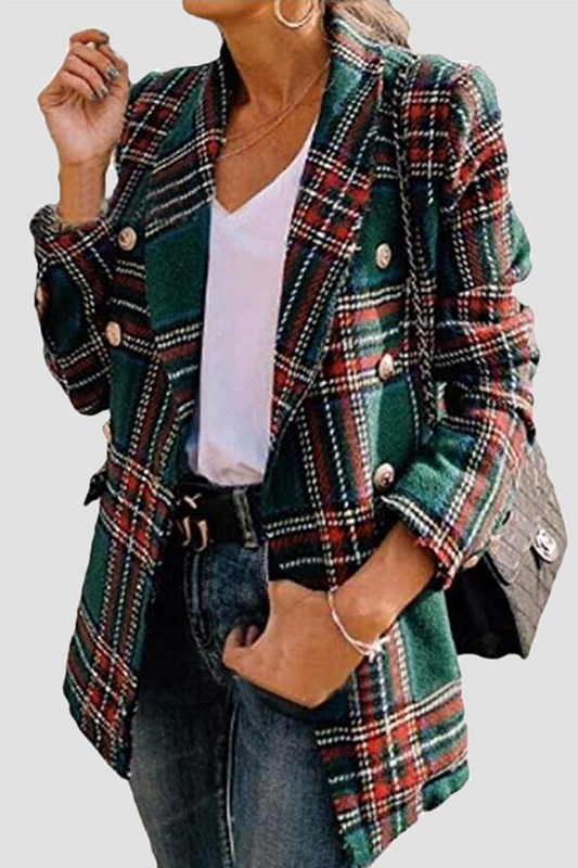 Prenda de abrigo informal con cuello vuelto, hebilla y retazos a cuadros (4 colores)